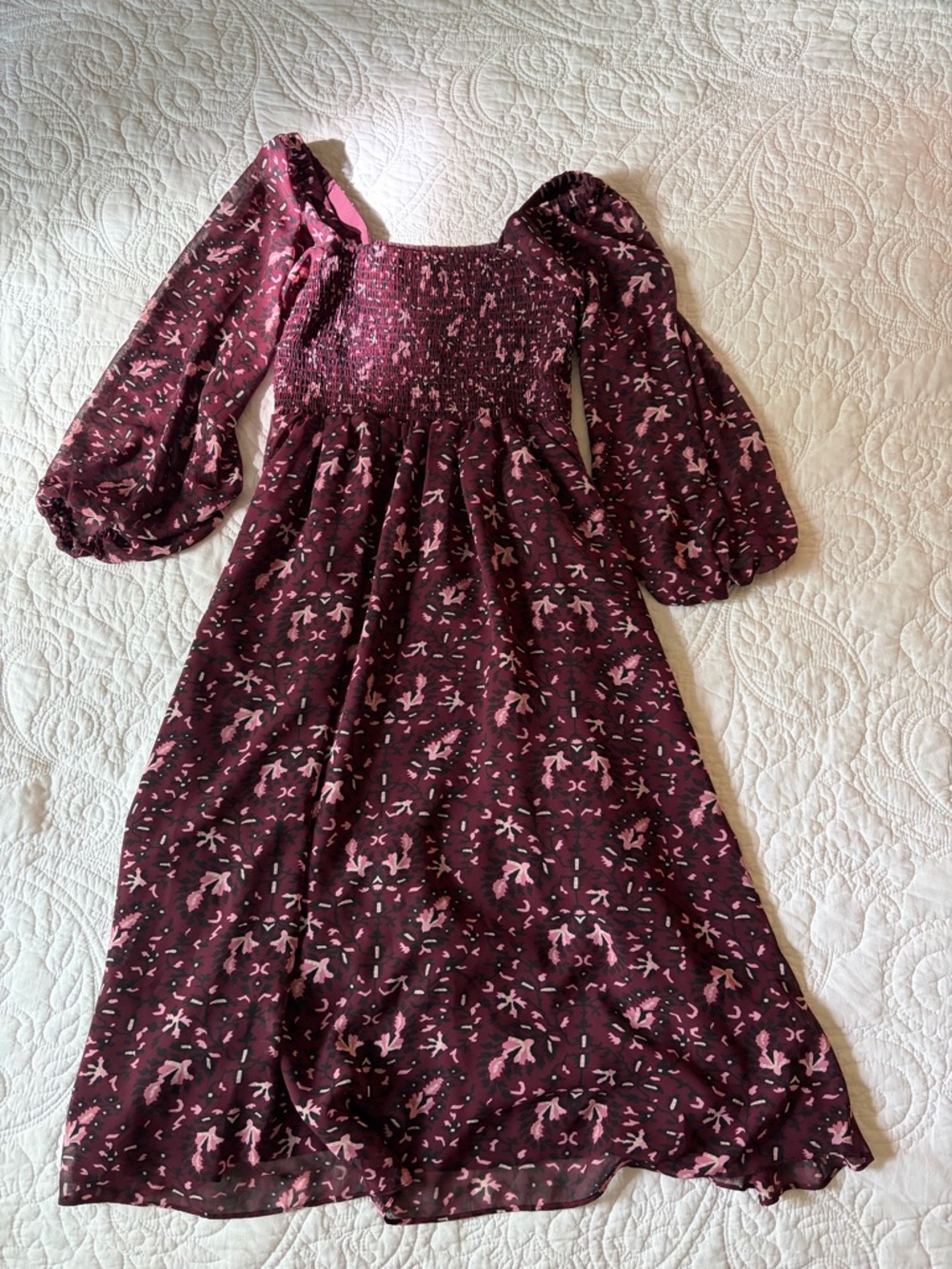 Madewell Burgundy Floral Puff-Sleeve Dress